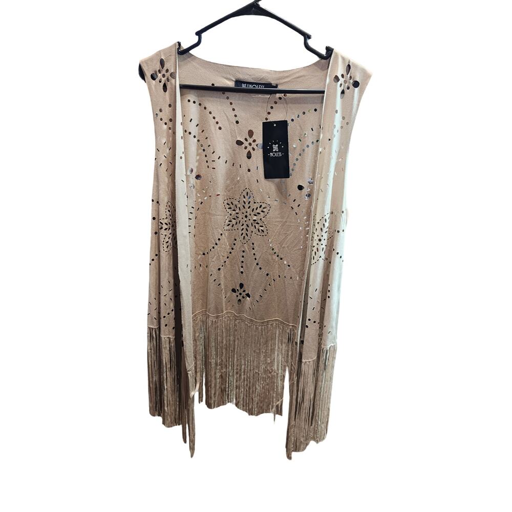 NWT Relish Noless Faux Suede Laser-Cut Fringe Vest, Beige Boho Cardigan - Size L